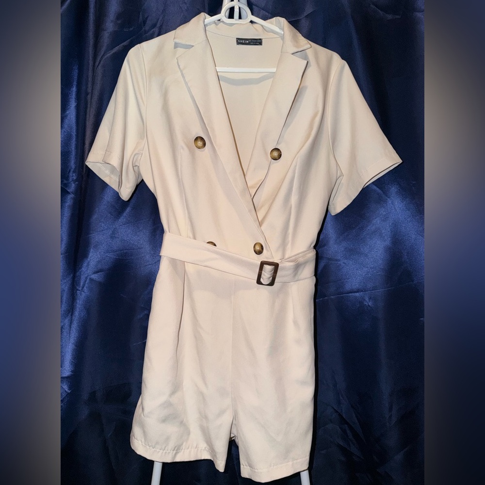 Cream V-Neck Open Chest Belted Romper